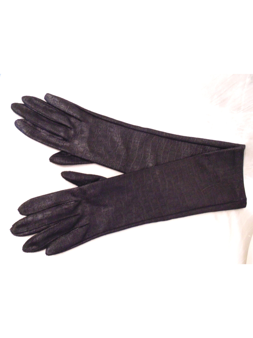 Vtg Shiny Black Opera Gloves Womens 7 Exotic Snakeskin 15" Nylon Stretch
